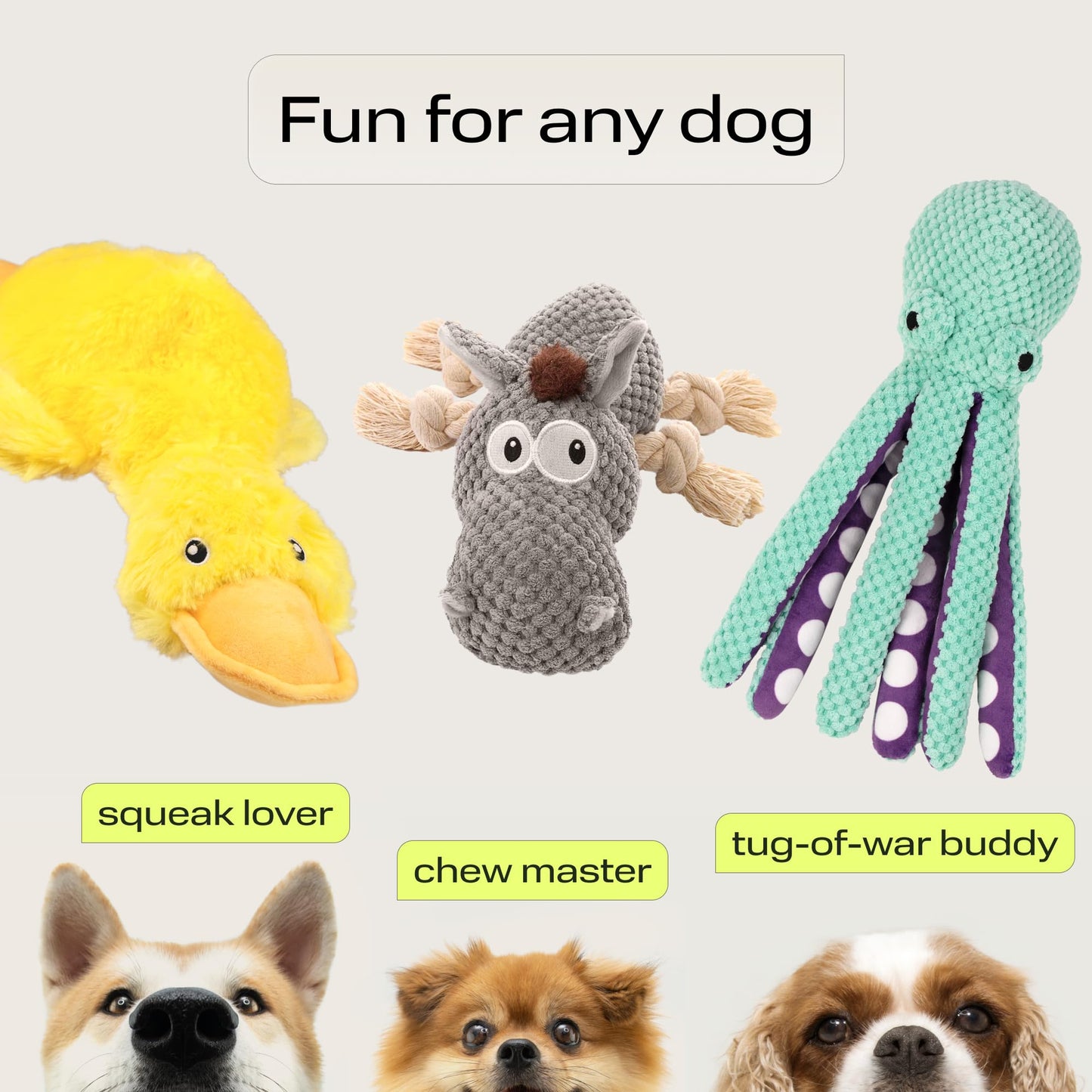 PetSpy Squeaky Stuffed Dog Toy Pack - 3 Dog Chew Toys for Large, Medium, Small Dogs and Puppies- Rope Donkey, Plush Octopus, Crinkle Duck Toy - Pet Supplies Toys for Dogs to Keep Them Busy
