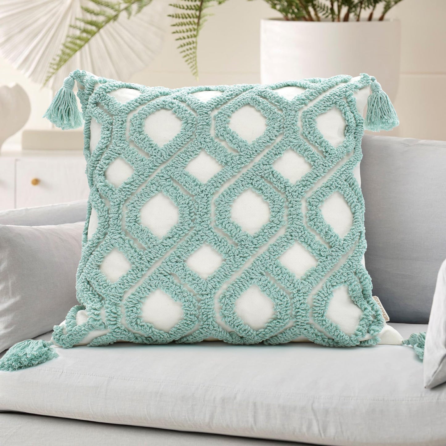 LOOPUINHOM Boho Pillow Covers 18X18 Inch Boho Tufted Throw Pillow Covers Decorative Tassels Cushion Cover Farmhouse Pillow Case for Couch Sofa Bed Living Room Bedroom, Aqua Green