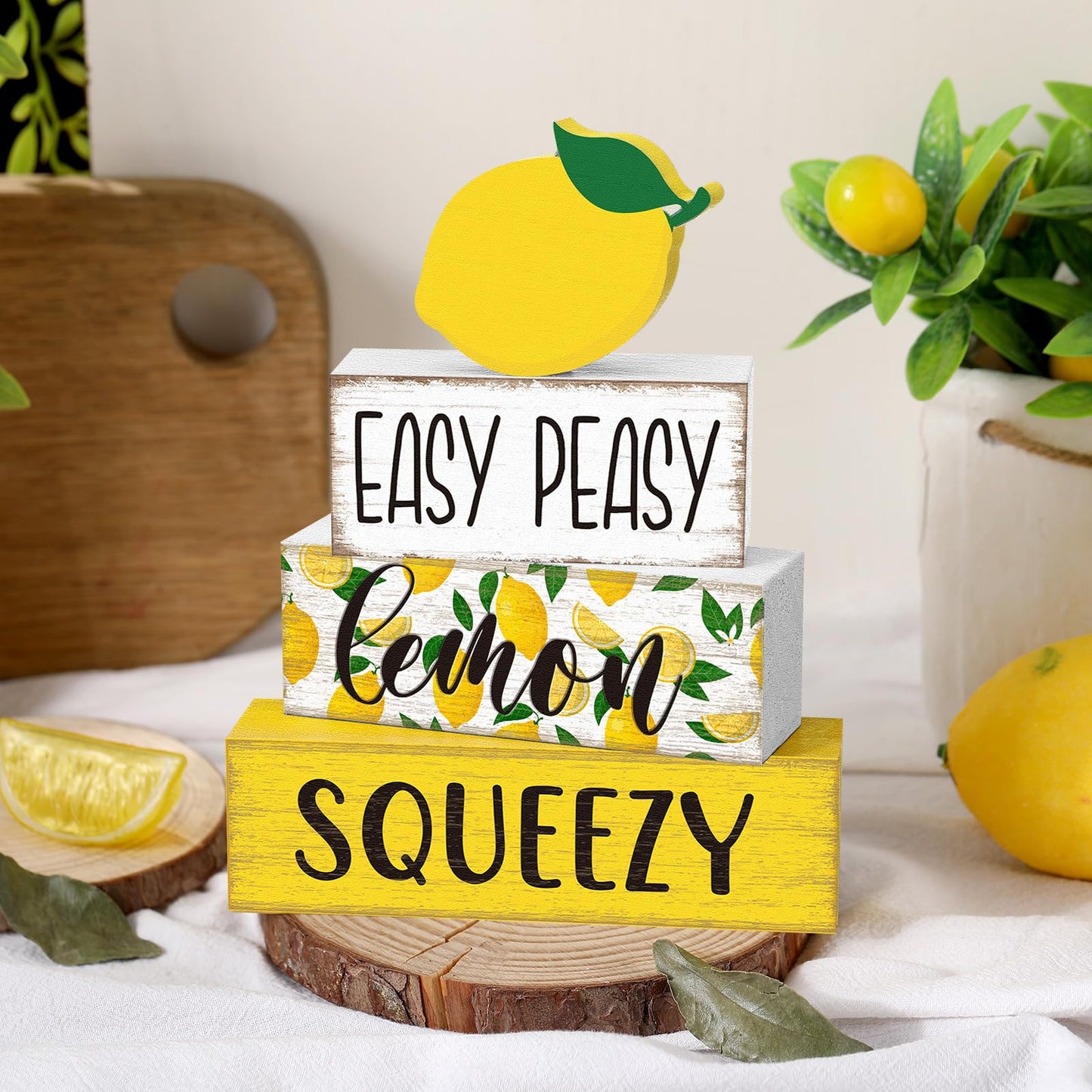 Yousoontic 4 Pcs Summer Lemon Table Decor Easy Peasy Lemon Squeezy Wooden Block Signs Farmhouse Tiered Tray Decor Rustic Table Centerpieces Summer Decorations for Home Desk Shelf Mantle Office