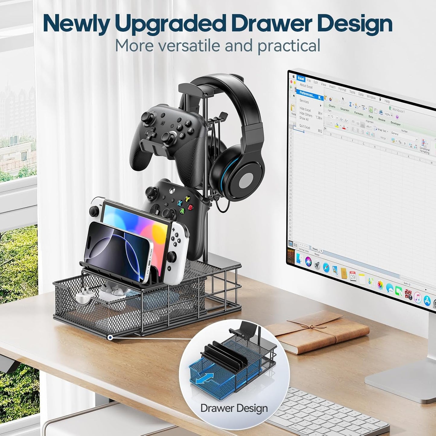 KDD Headphone Stand with Drawer - Headset & Controller Holder for Desk - Aluminum Supporting Bar Earphone Stand with Cable Organizer - Universal Gaming PC Accessories Storage