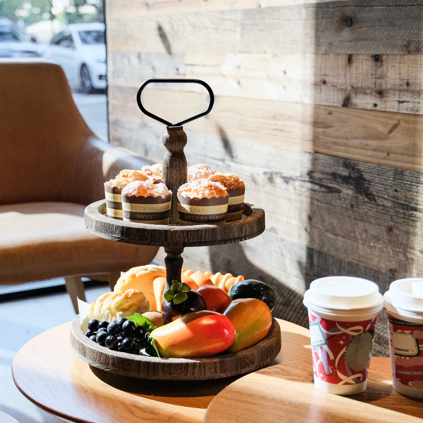 Mustry Rustic Wooden 2 Tiered Tray, Round Farmhouse Kitchen Table Decor Serving Tier Tray, Food Fruits Cupcake Display Coffee Bar Home Party Seasonal Decorations (Brown)