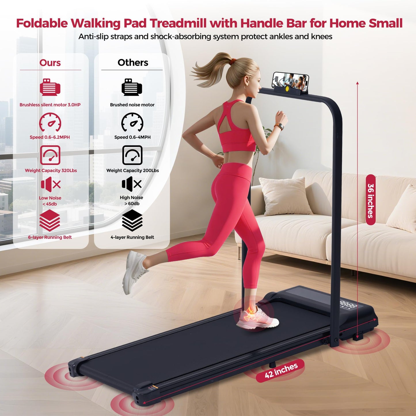 Portable Walking Pad Treadmills with Handle Bar, 3.0HP Folding Foldable Walking Pads Treadmill with Handles, Under Desk Compact Small Treadmill for Home Office Apartment, LED Display, 320LBS
