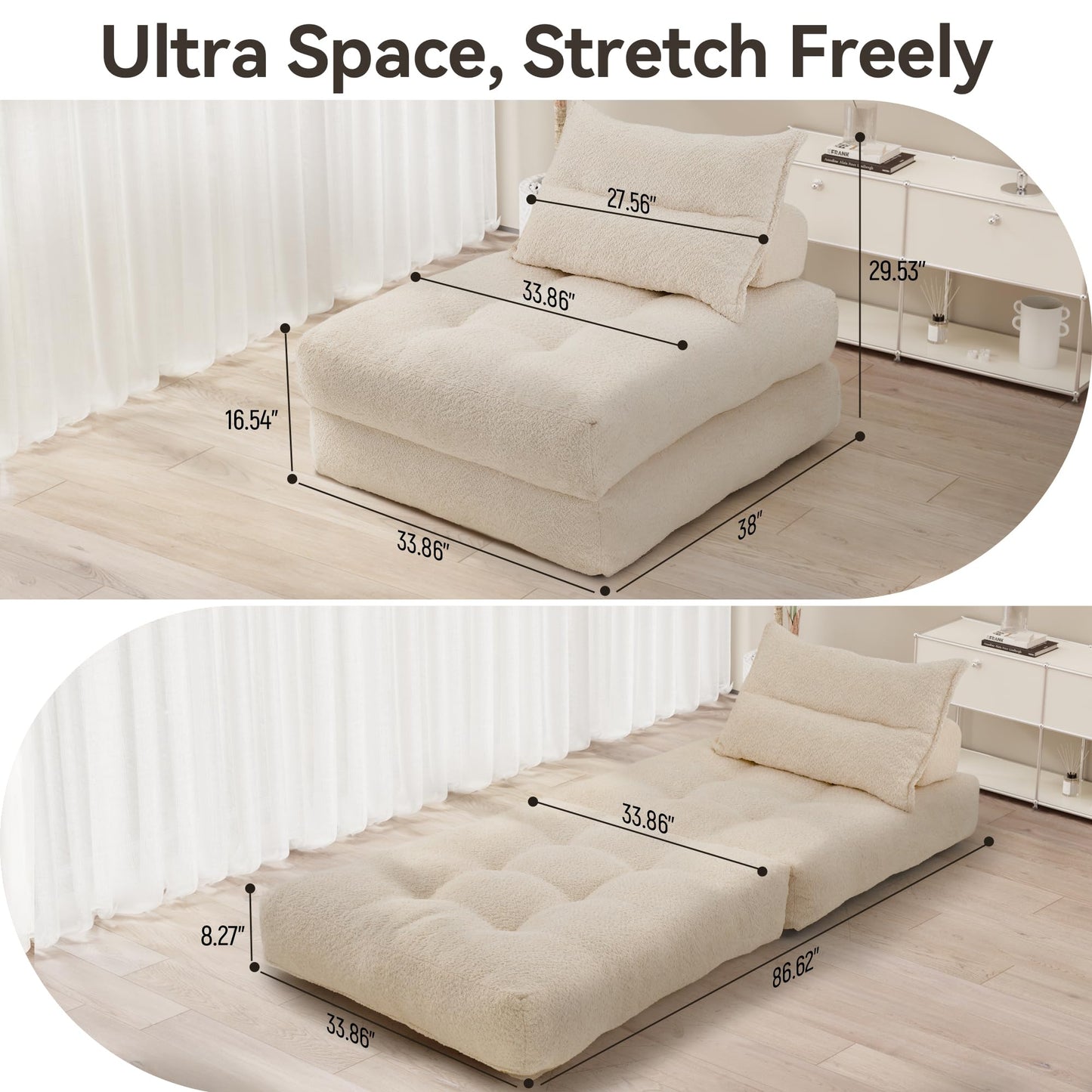 MONVANE Folding Sofa Bed - Ergonomic Foldable Sleeper Chair for Living Room/Dorm/Office, Teddy Velvet Futon Couch, Lounge Sofa, Convertible Floor Mattress, Lazy Sofas with Headrest Lumbar Pillow,Beige