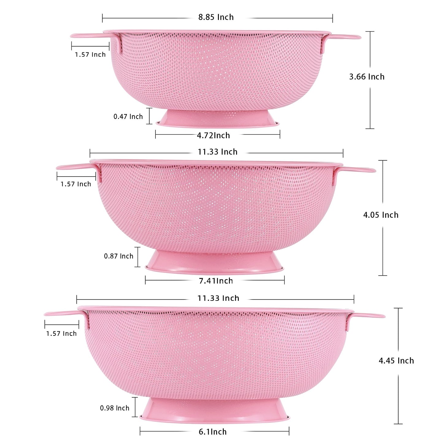 Stainless Steel Colander 3 Piece,Metal Strainer Basket with Solid Base and Handles for Kitchen Food,Pasta, Noodles, Vegetables and Fruits,Powder Coated,BPA Free,Dishwasher Safe,2 & 3 & 4.5 Qt (Pink)