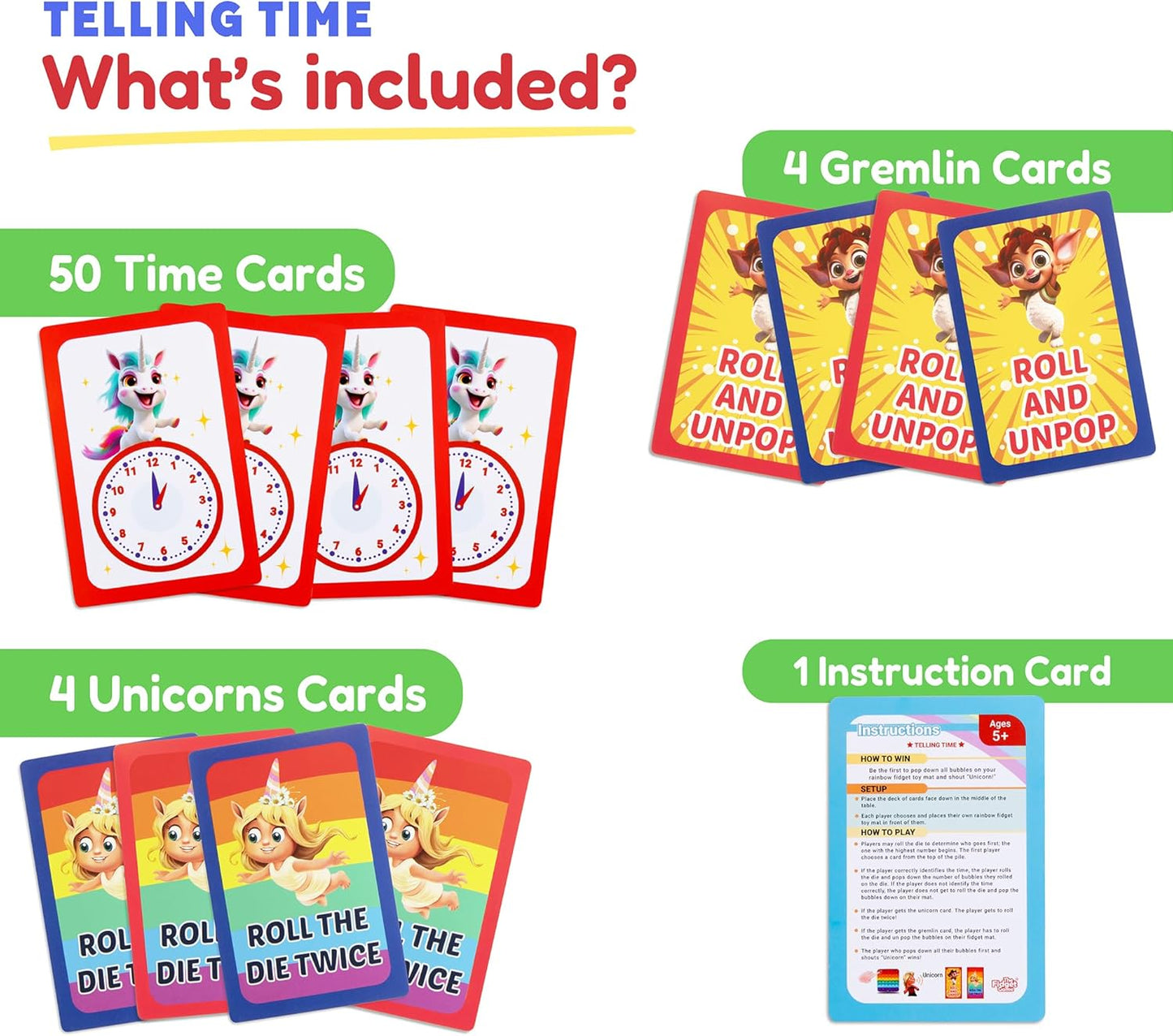 THE FIDGET GAME Telling Time Flash Cards, Learn to Read Analog Clocks - Educational Learning Toy & Interactive Teaching Tools for Children to Practice, Toddler Activities for 5+ Years