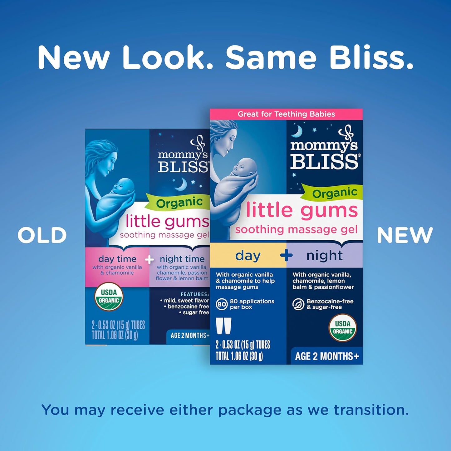 Mommy's Bliss Organic Little Gums Soothing Massage Gel Day and Night Combo, Great for Teething Babies, Age 2 Months+, Sugar Free, Mild & Sweet Flavor, 2 - 0.53 Oz Tubes (Pack of 1)