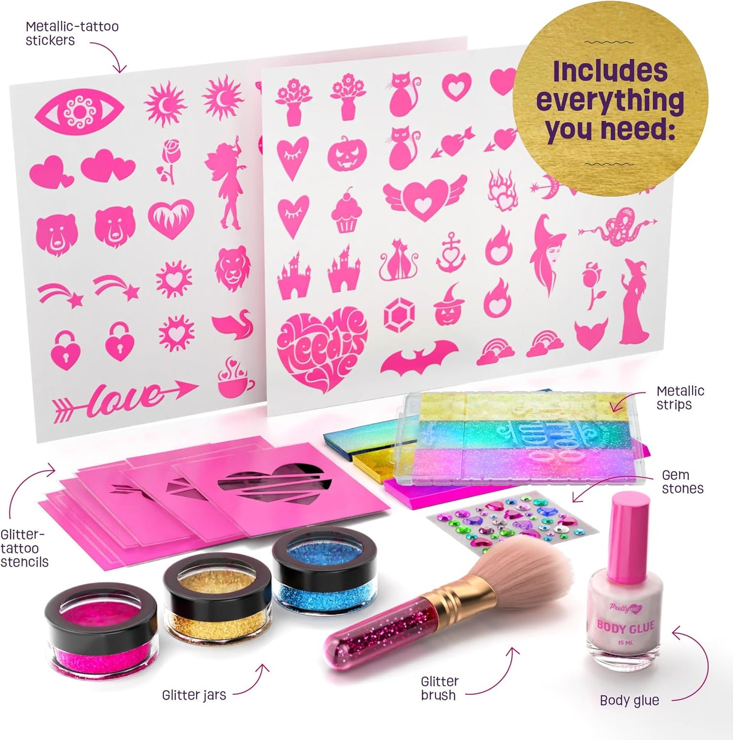 Glitter Tattoo Kit for Kids - Glitter & Metallic Fake Tattoos for Girls - Birthday Gift Ideas for Girl - Temporary Tattoo Set - Craft Kits Toys for Ages 6, 7, 8, 9, 10, 11 Year Old - Cool Gifts