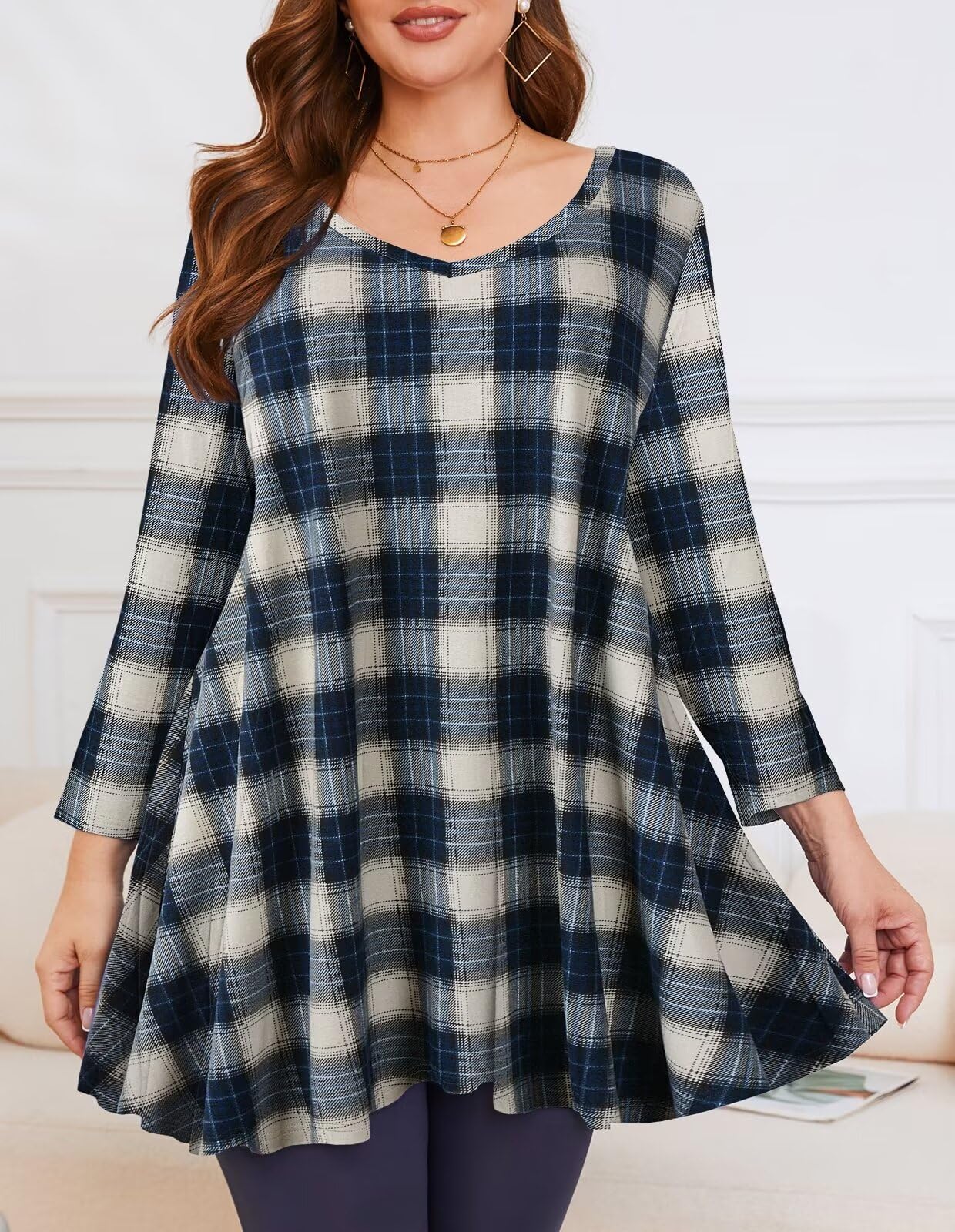 LARACE Plus Size Tops for Womens Plaid Shirts 3/4 Sleeve V Neck Tunics Loose Fit Clothing Flowy Casual Blouses(6-Khaki 2X)