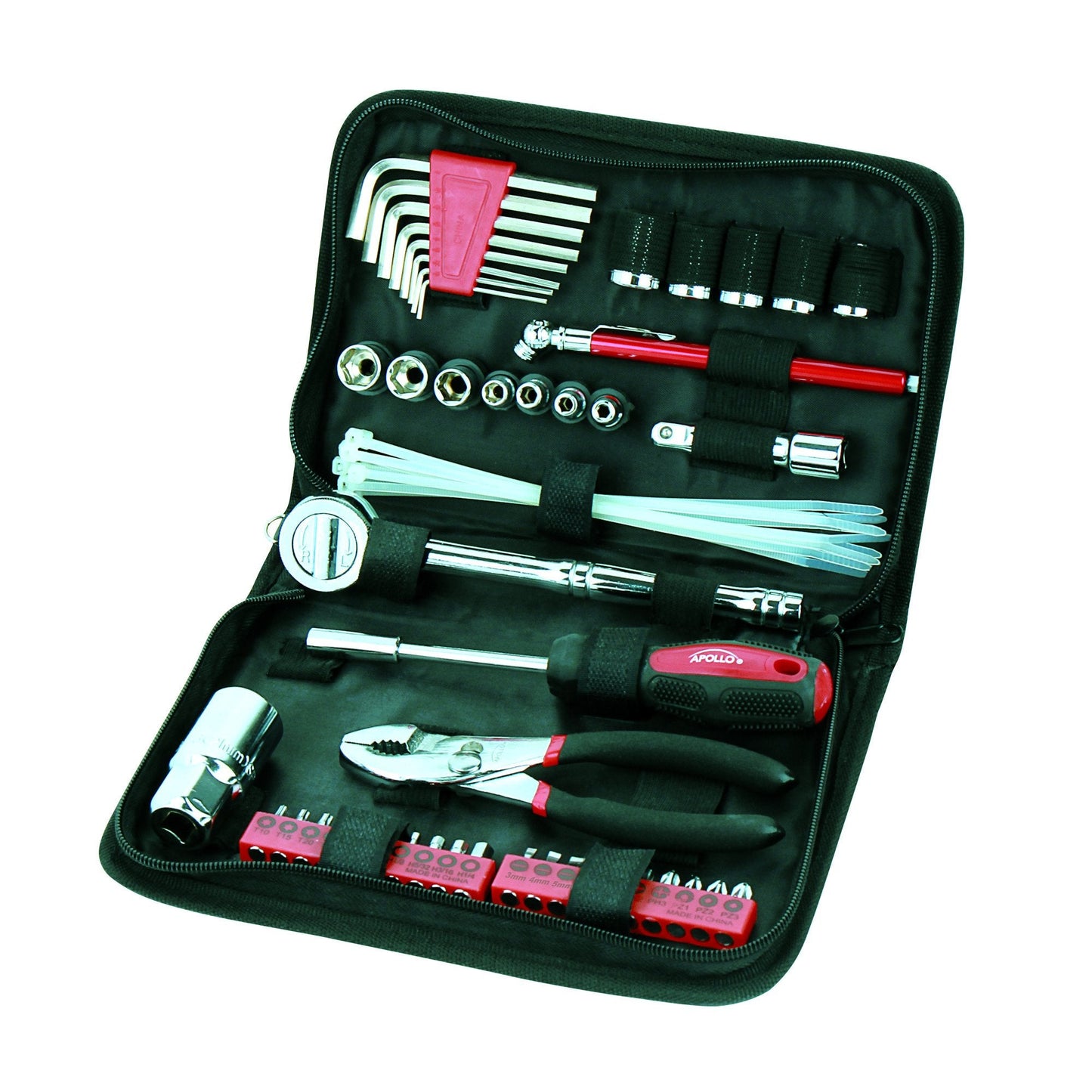 Apollo Tools 56 Piece Compact SAE Auto Tool Set in Zippered Case, Small Mechanic Tool Set for Car Emergency, Motorcycle Repair on the Road, Great for Travel Tool Needs - Red - DT9774