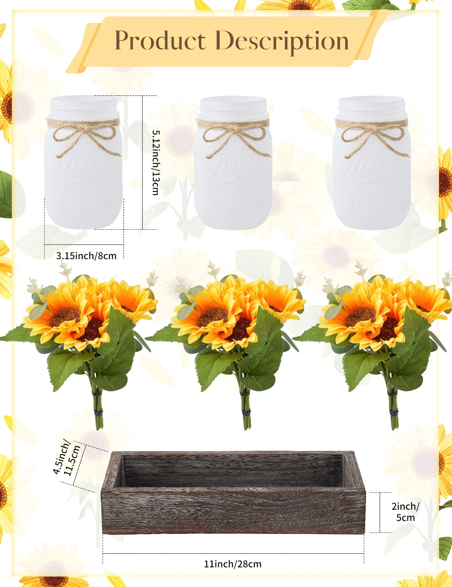 Mason Jar Sunflower Kitchen Decor, Spring Centerpieces for Tables with Sunflowers Artificial Flowers, Farmhouse Wood Tray, Sunflower Spring Bathroom Table Decor, Centerpiece Table Decorations for Home