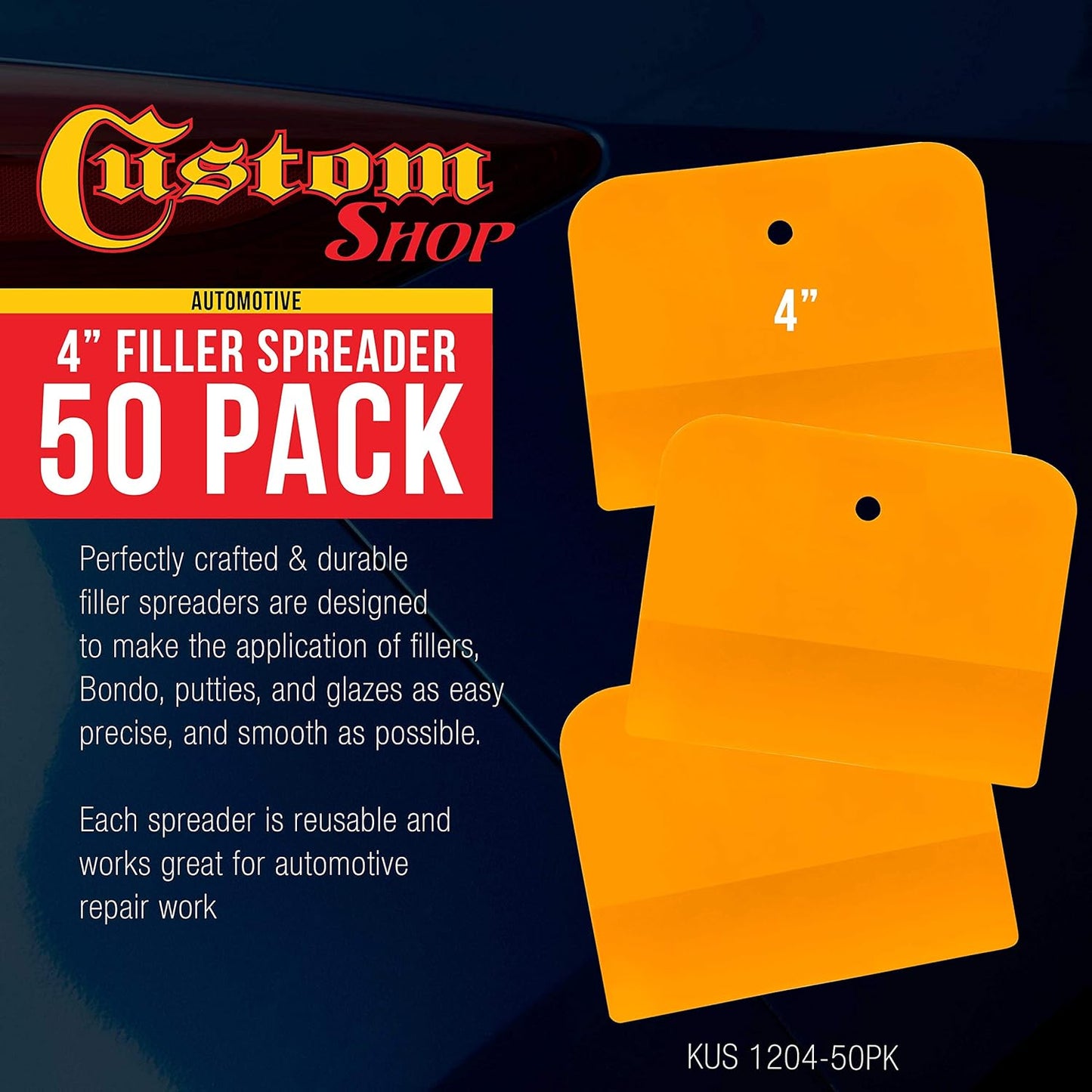 Custom Shop 4 Inch Plastic Body Filler Spreader Tools for Automotive Body Fillers (50 Pack), Putties, Glazes, Epoxy Resin, Caulk, Glues - Plastic Spreader Tool