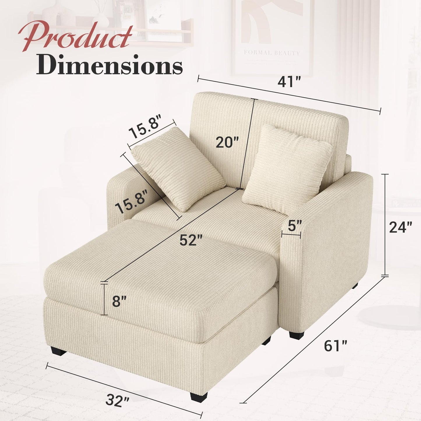 Apicizon Chaise Lounge Chair Indoor, 42" Oversized Sofa Bed with Two Throw Pillows and Armrests, Corduroy Chaise Lounge for Bedroom, Single Sleeper Chair with Ottoman for Living Room, Beige