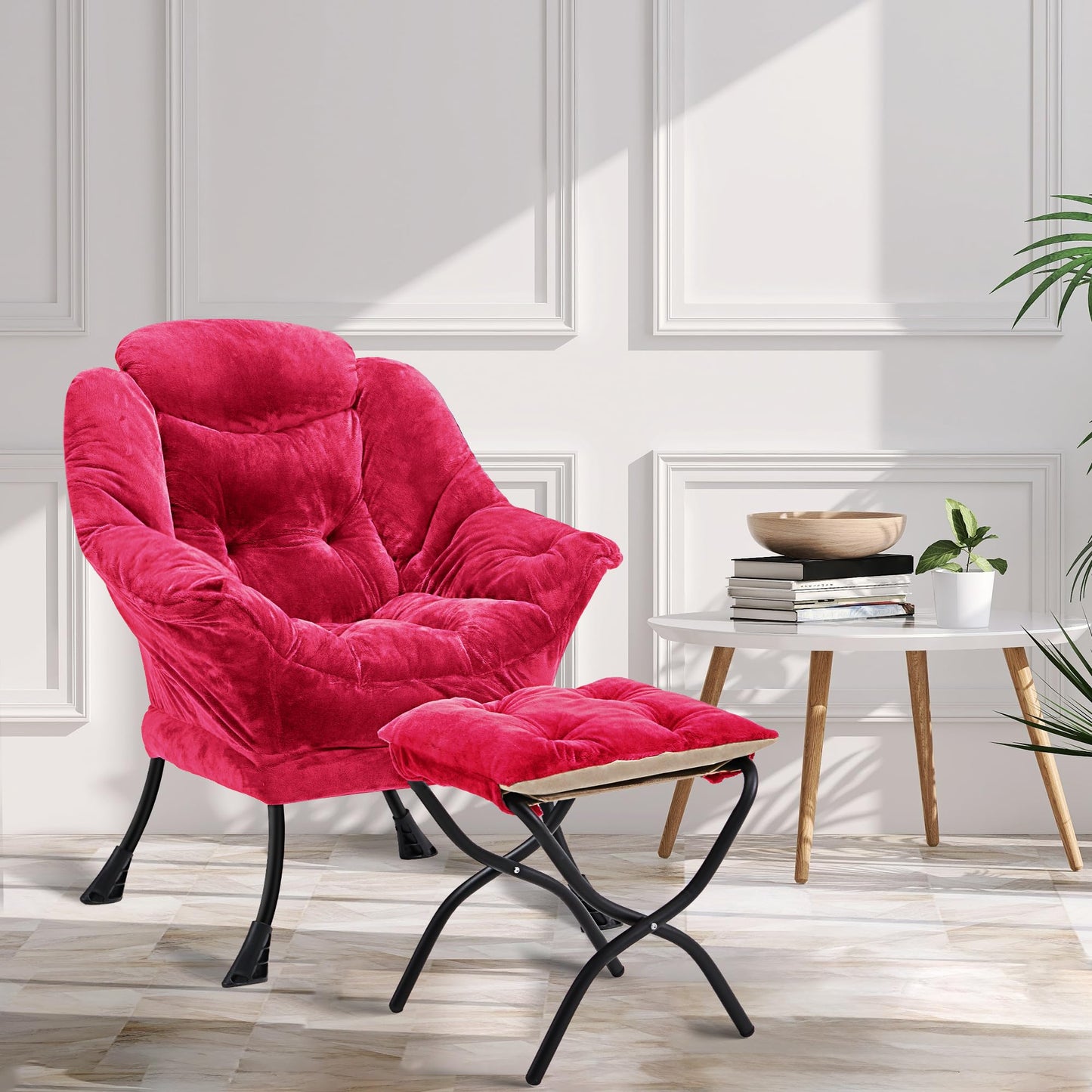 Halituny Fabric Lazy Chair with Ottoman, Oversized Upholstered Sofa Chair for Adults, Plush Comfy Lounge Chair with Large Side Storage Pocket, Reading Chair for Living Room, Bedroom, Office, Rose Red