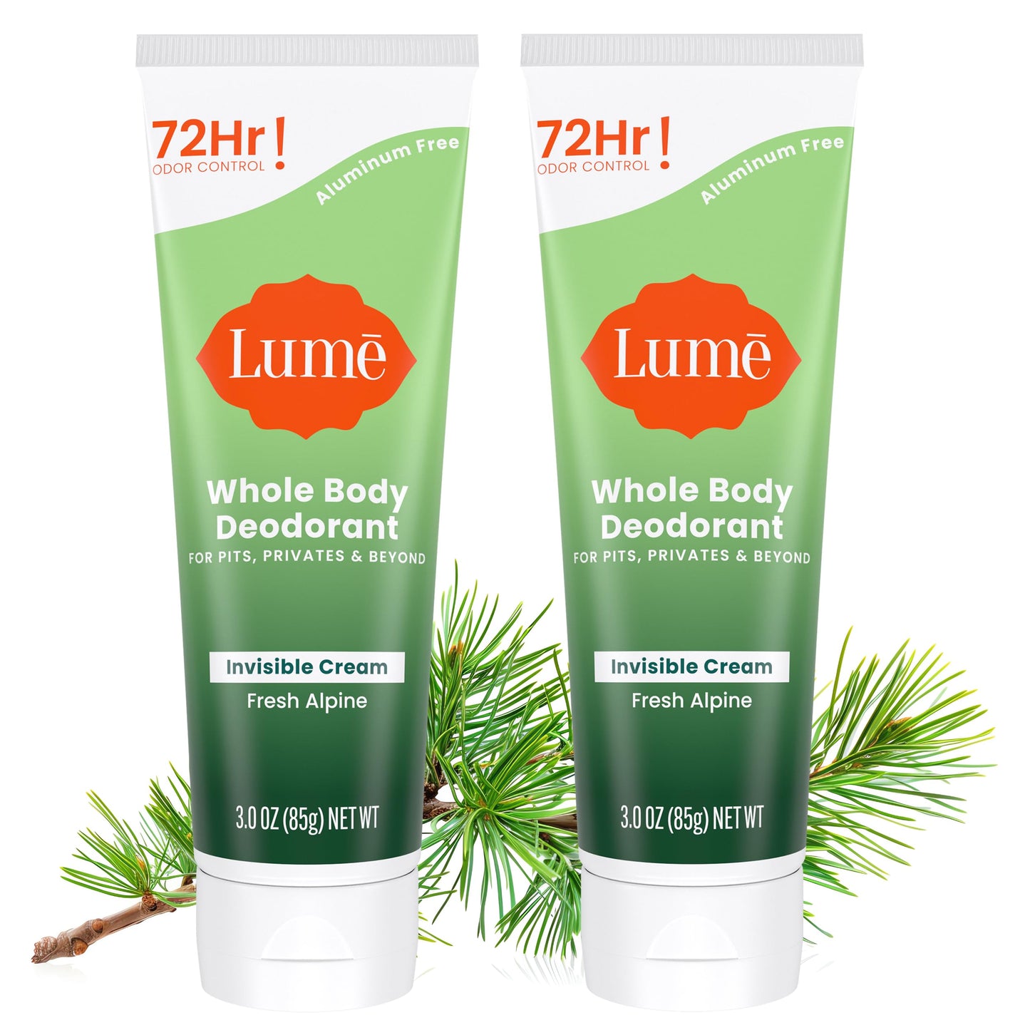 Lume Whole Body Deodorant - Invisible Cream Tube - 72 Hour Odor Control - Aluminum Free, Baking Soda Free, Skin Safe - 3.0 ounce (Pack of 2) (Soft Powder)