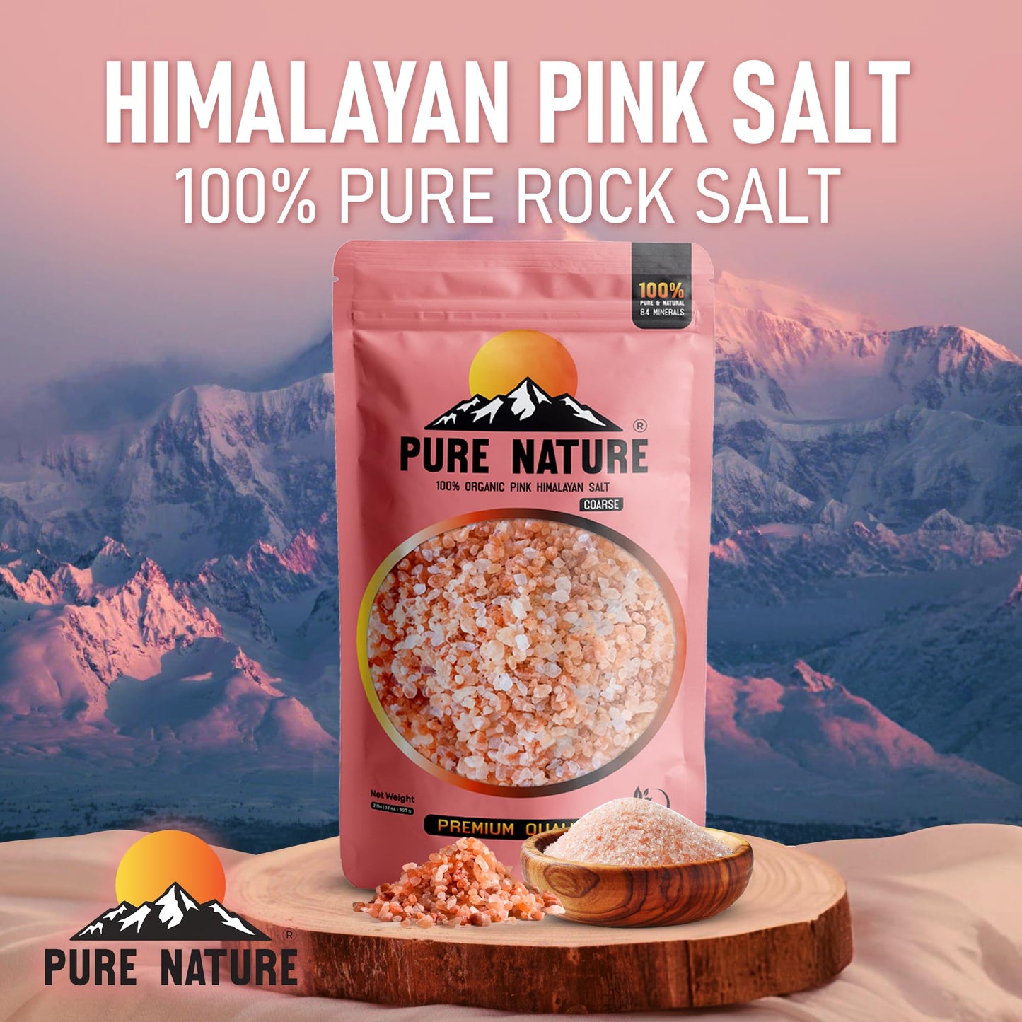PURE NATURE Himalayan Pink Salt 2lb Coarse Grain Pouch, Natural Unprocessed Rock Salt with 84 Minerals Bulk Gourmet Salt for Cooking Grilling, Boosts Electrolytes and Balances Body pH