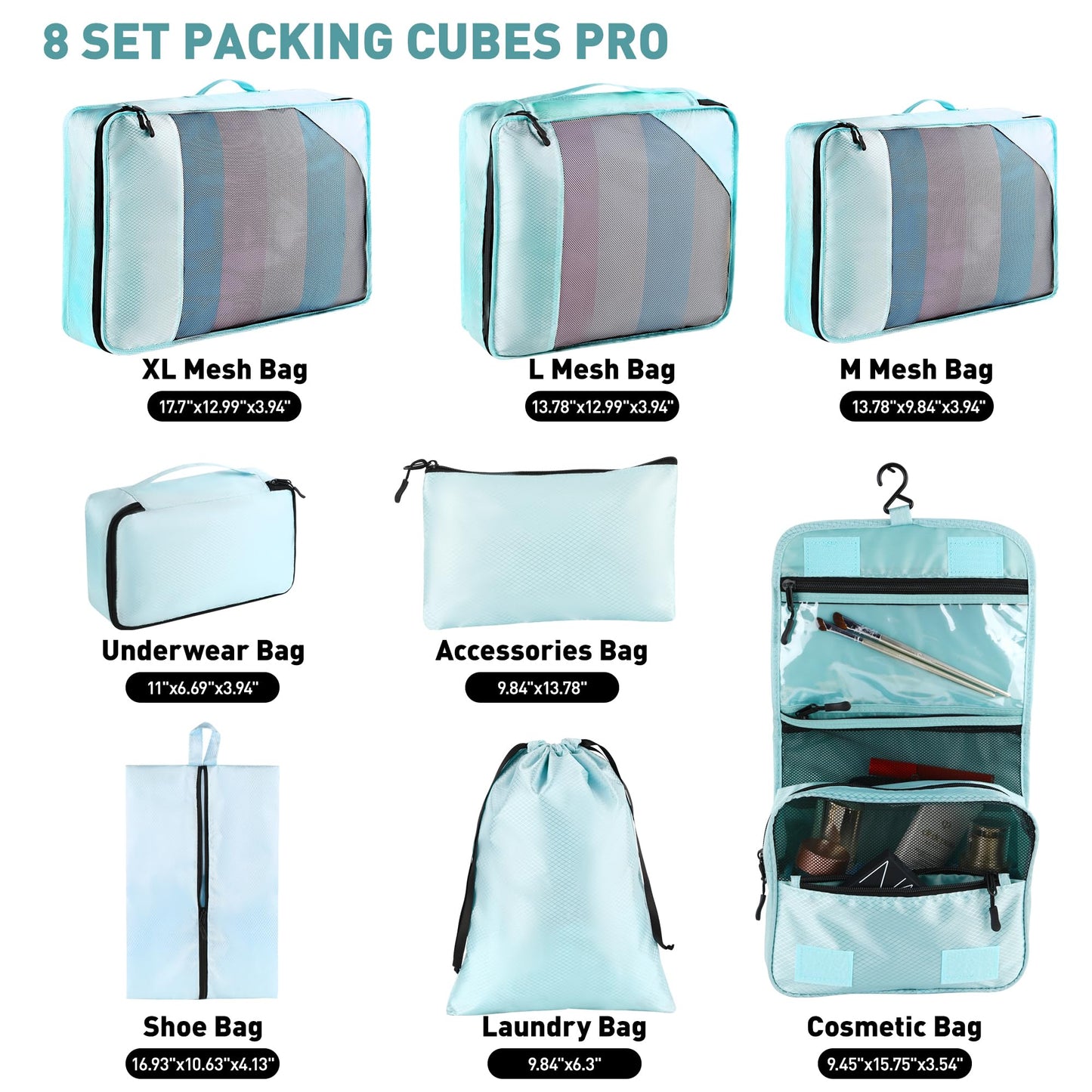 Toncoke 8 Set Packing Cubes for Travel Women Men Kids, Mesh Suitcase Organizer Bags Set for Luggage, 4 Sizes Extra Large, Large, Medium, Small, Travel Camping Essentials Accessories, Lake Blue