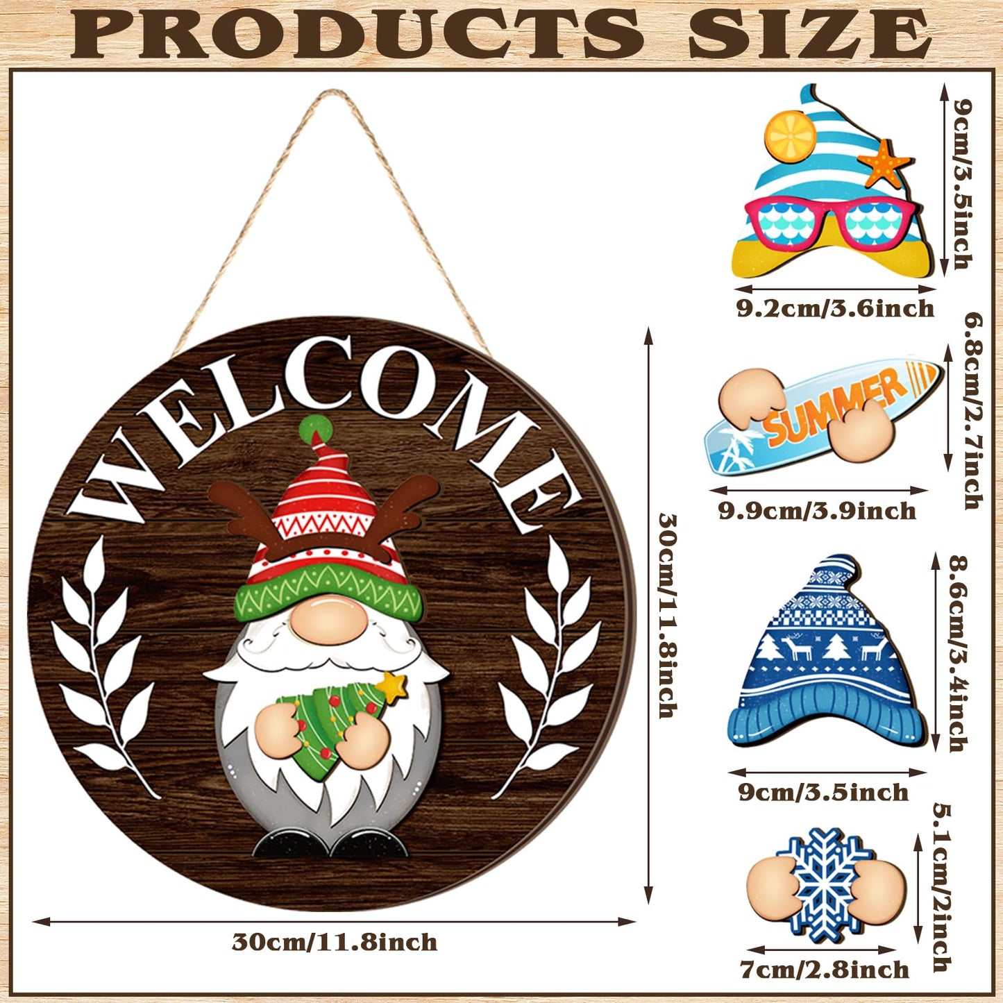 Qunclay Interchangeable Wooden Gnome Decor Holiday Seasonal Gnome Decorations with Magnet Pieces and Detachable Hats Changeable Welcome Sign for Home (Elegant Style)