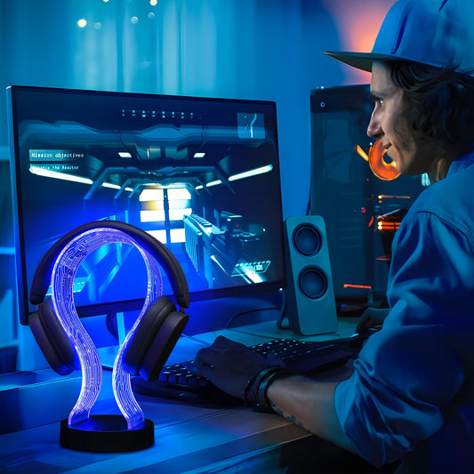 Lampeez Light Up Headphone Stand, Acrylic Desk Accessory Headset Holder with PCB Pattern and 16 Color LED Lights, 1 USB and 1 Type-C Charging Ports, for Gamers Music Lovers Boys Men