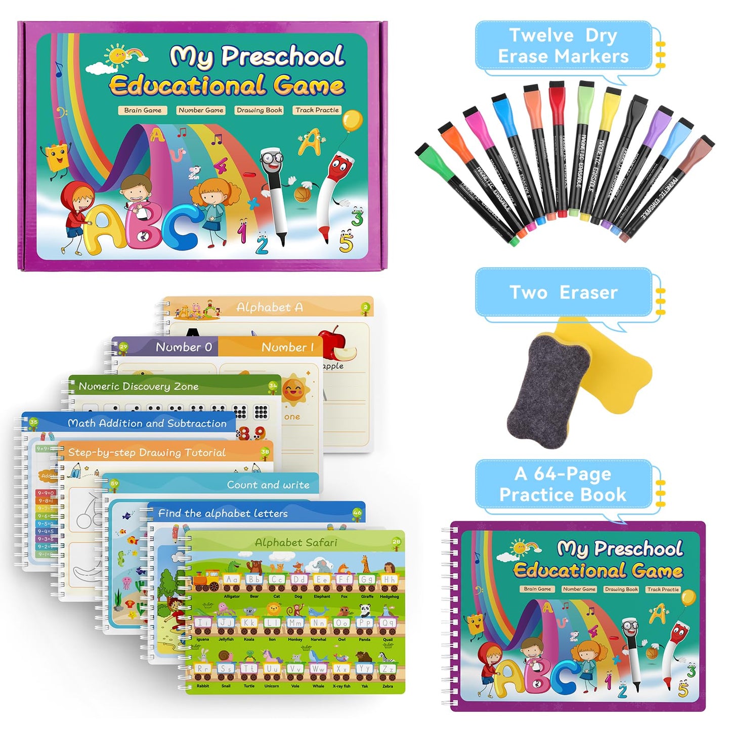 Preschool Learning Activity Educational Workbook 64Pages Toddler Prek Reusable Handwriting Practice Activity Tracing Toys Busy Book for Kids Gift,Autism Learning Material Book 12Markers Rose Purple