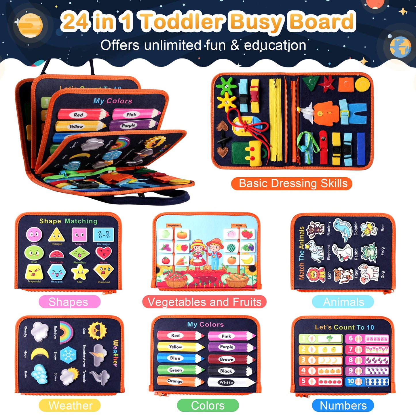 Toddler Busy Board Montessori Toys: for Toddlers 1-3 Year Old Educational Activity Book Sensory Board Travel Toy Ages 2-4 3-5 Learning Fine Motor Skills Preschool Quiet Book Gift for Boys Girls Kids