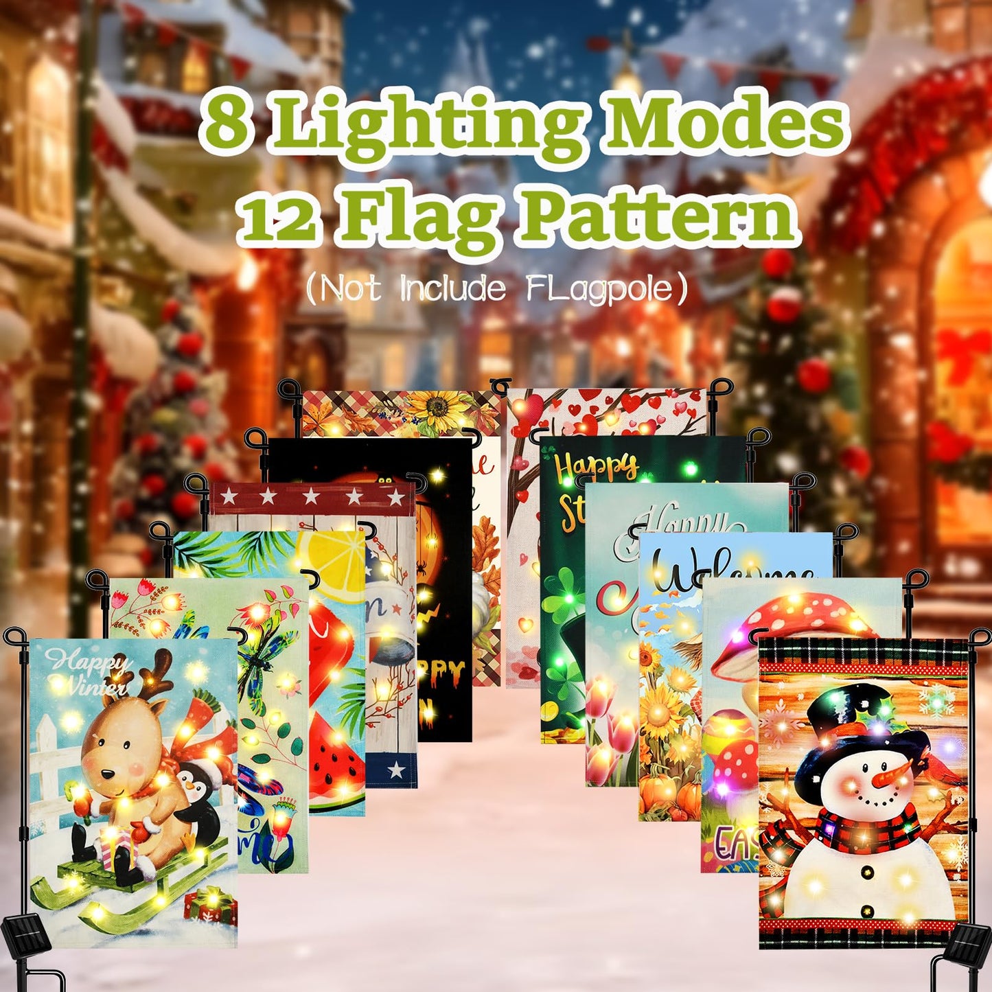 Solar Seasonal Garden Flags Set of 12, Lighted 12×18 Double-Sided Yard Flags for Outside Halloween Christmas Fall Thanksgiving Day Decorations Welcome Flag Outdoor Holiday Decor