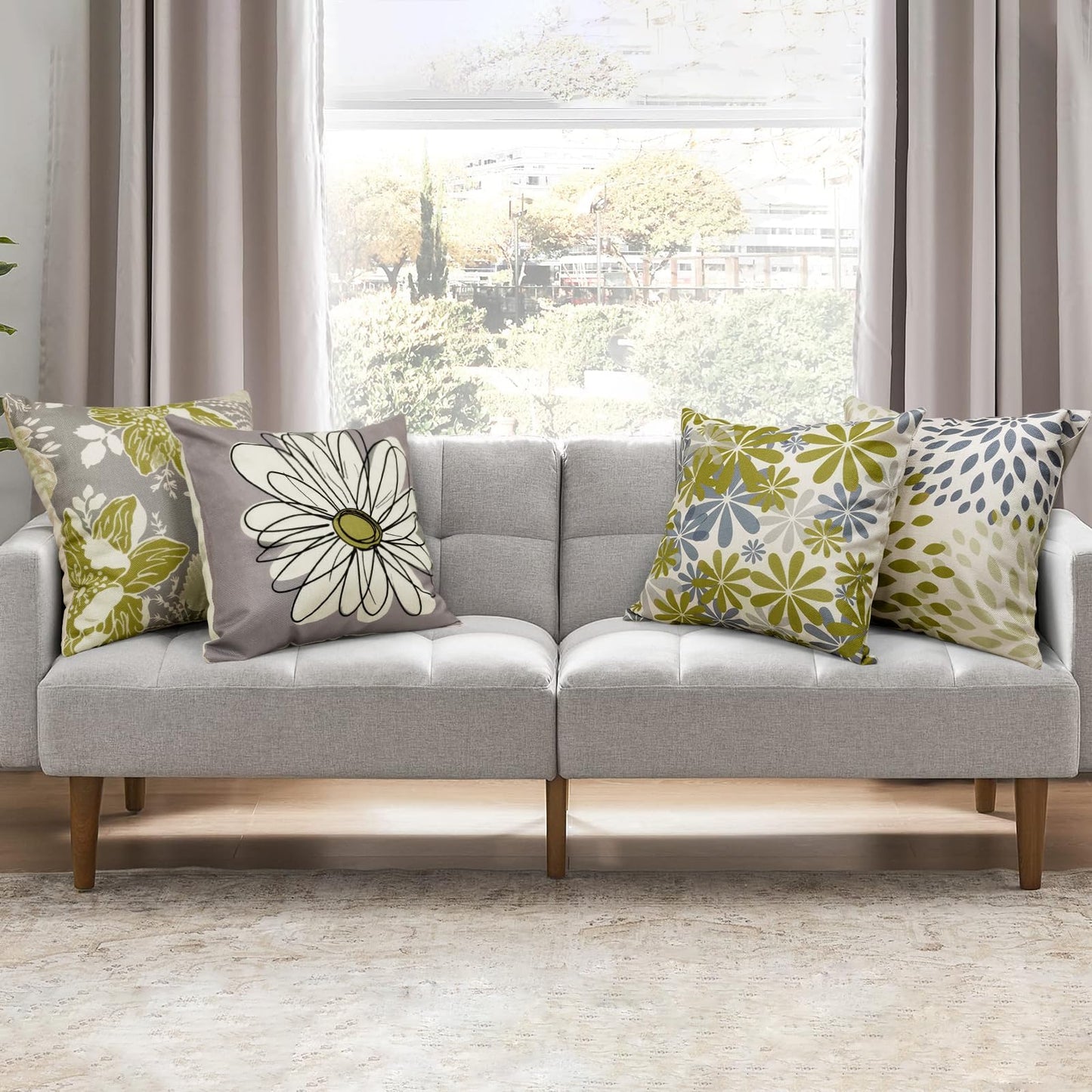 Baidast Green Olive Decorative Throw Pillow Covers 18x18 Set of 4, Green and Grey Modern Daisy Floral Pillows Linen Pillow Covers for Couch Sofa Living Room