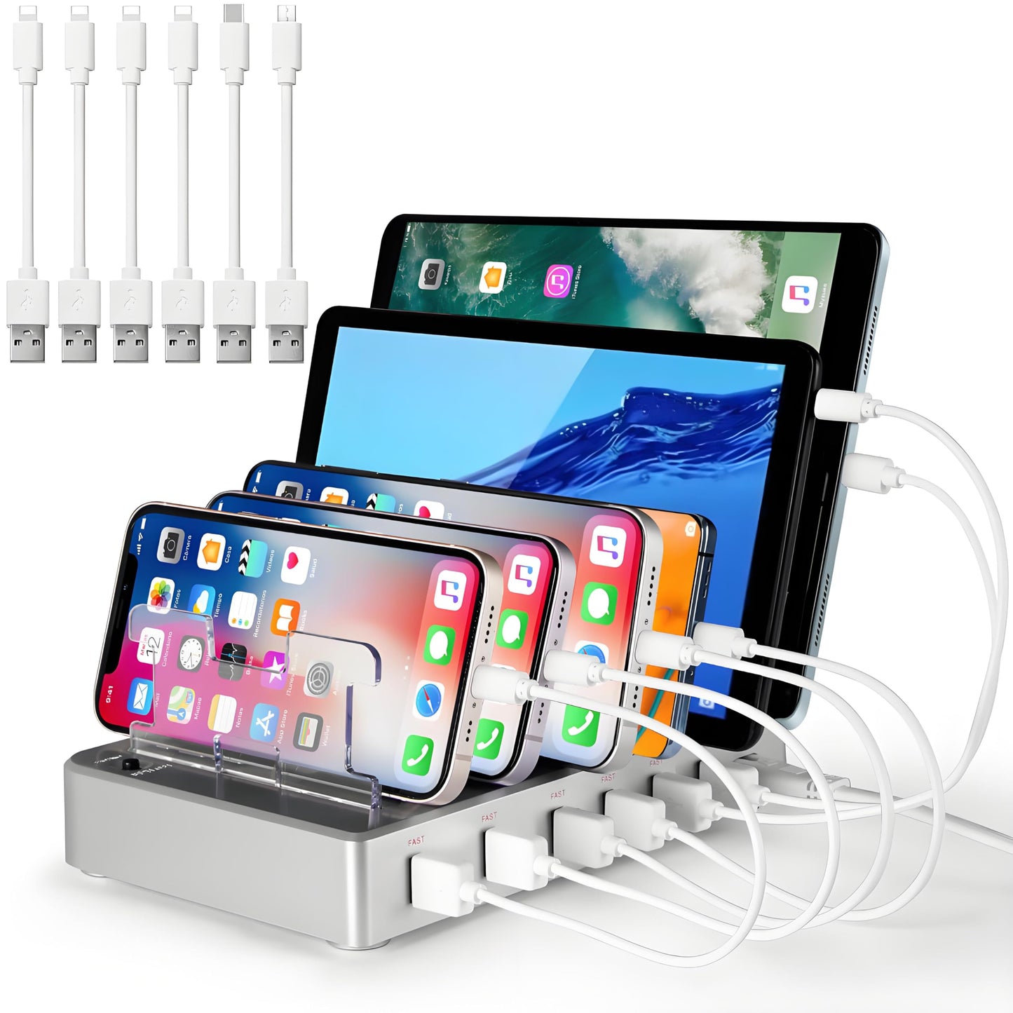 Charging Station for Multiple Devices, 6 Ports USB Multi Devices Charger Fast Cell Phone Charging Station for iPhone iPad Tablets (Silver, 6 Mixed Cables Included)