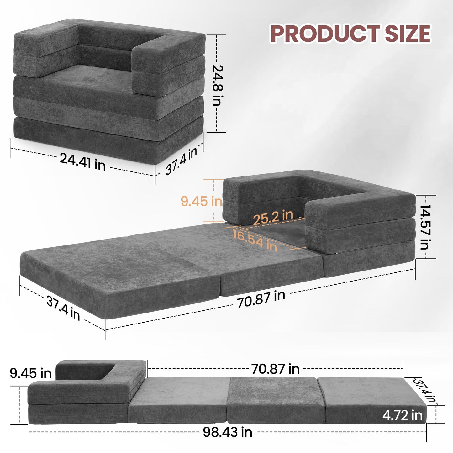 Decofy Folding Sofa Bed with Pillow and Armrest, Convertible Sleeper Sofa 3 in 1 Fold Out Chair Bed Futon Couch for Living Room, Dorm, Guest Room, Home, Office, Apartment