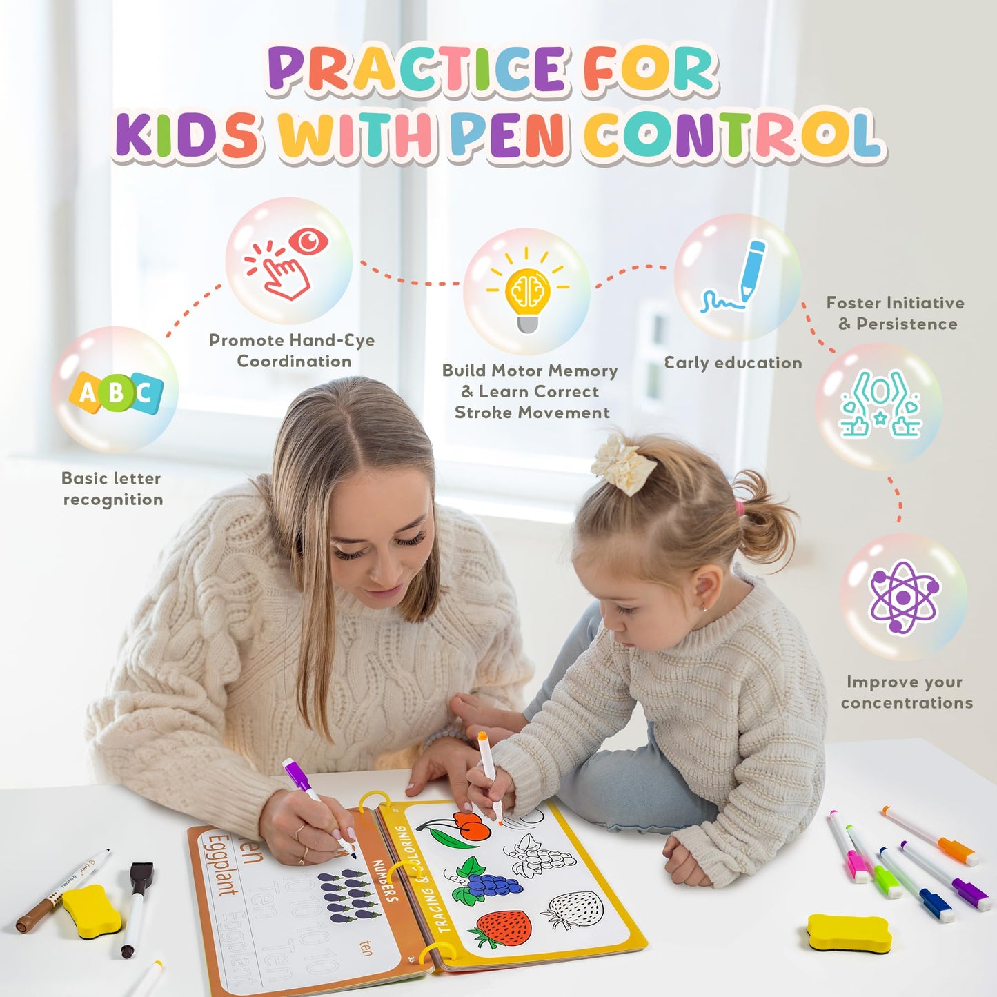 Fabeto Preschool Learning Activities Educational Workbook: Prek Handwriting Practice Tracing Busy Book - Toddlers Educational Toys - Autism Learning Materials | Montessori Games for Kids Age 2 3 4 5