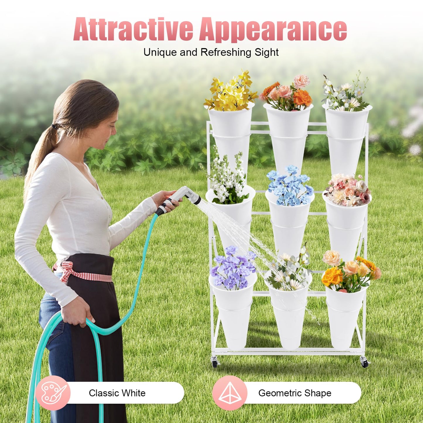 HuaShuani Flower Display Stand with 9 Buckets, 3 Tiers Metal Mobile Florist Bouquet Stand Flower Cart with 4 Wheels for Indoor Outdoor Patio Garden, Living Room, Florist