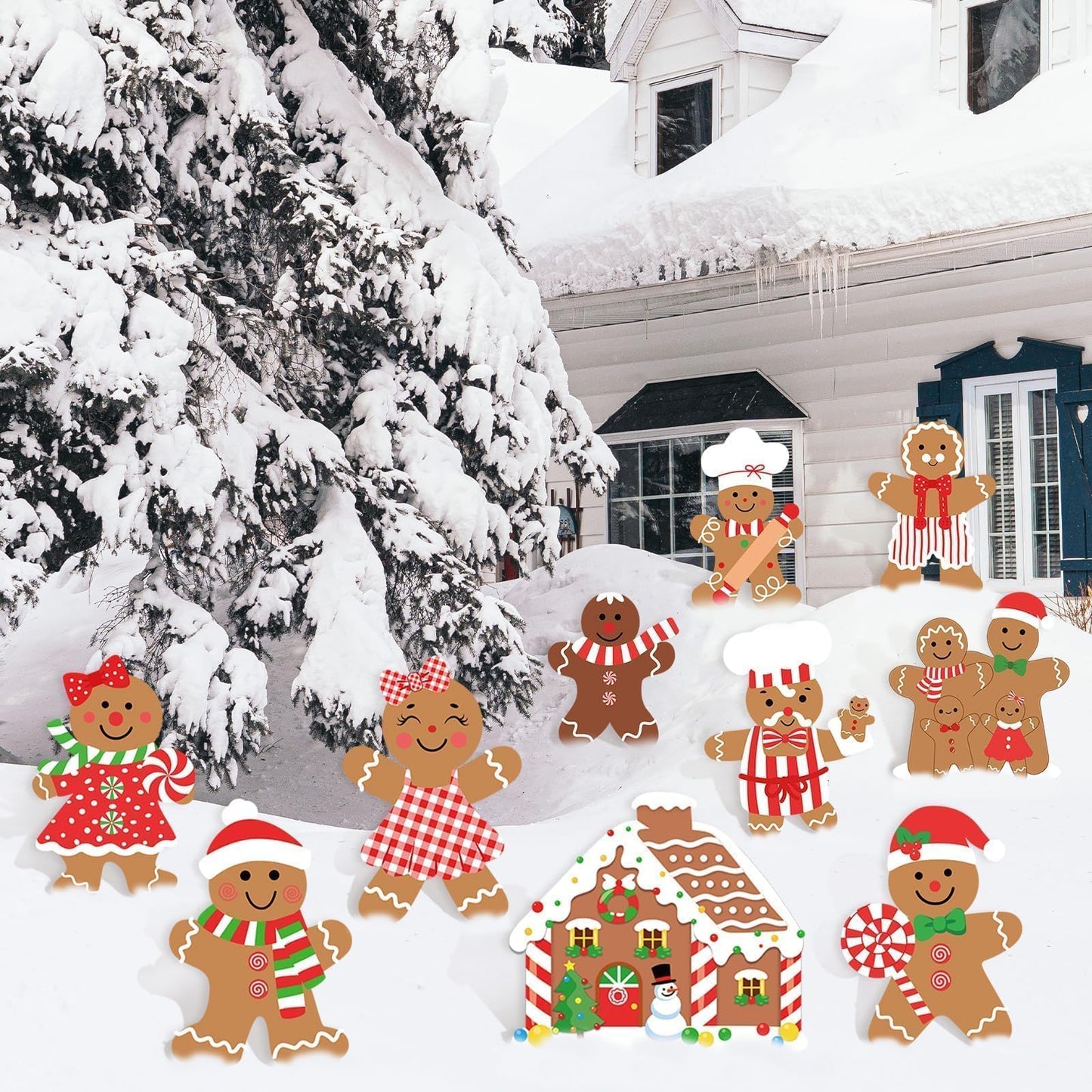 10Pcs Christmas Gingerbread Decorations Outdoor, Gingerbread Man Yard Signs with Stakes Xmas Gingerbread Lawn Signs for Xmas Holiday Garden Lawn Patio Pathway Decor Outside