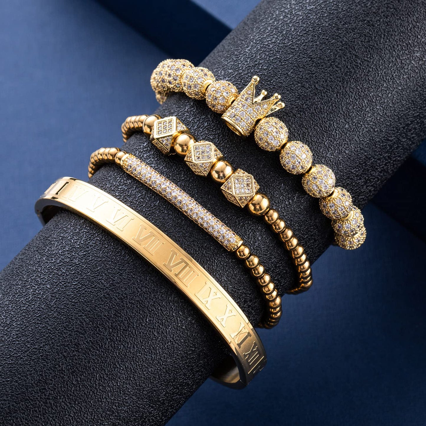 MAGIC FISH Imperial Crown King Mens Bracelet Pave CZ ,Gold Bracelets for Men Luxury Charm Fashion Cuff Bangle Crown Birthday Jewelry (3-gold-X)