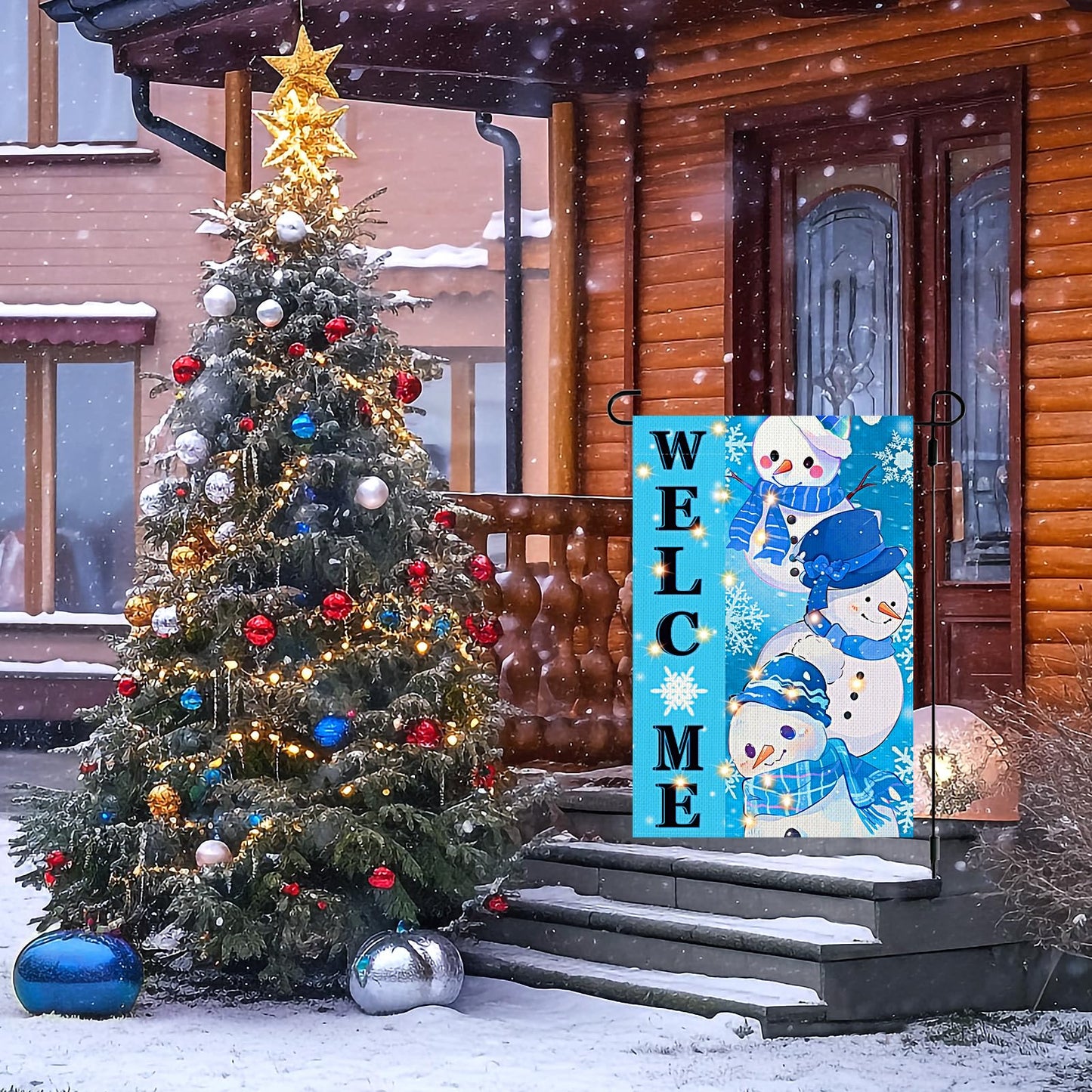 3Pcs Winter Garden Flag Lighted Decorations Welcome Winter Snowman Garden Flag Sign with LED Double Sided Happy New Year 2025 Merry Christmas Lawn Flag Decor for Outdoor Holiday Favor Gifts Supplies