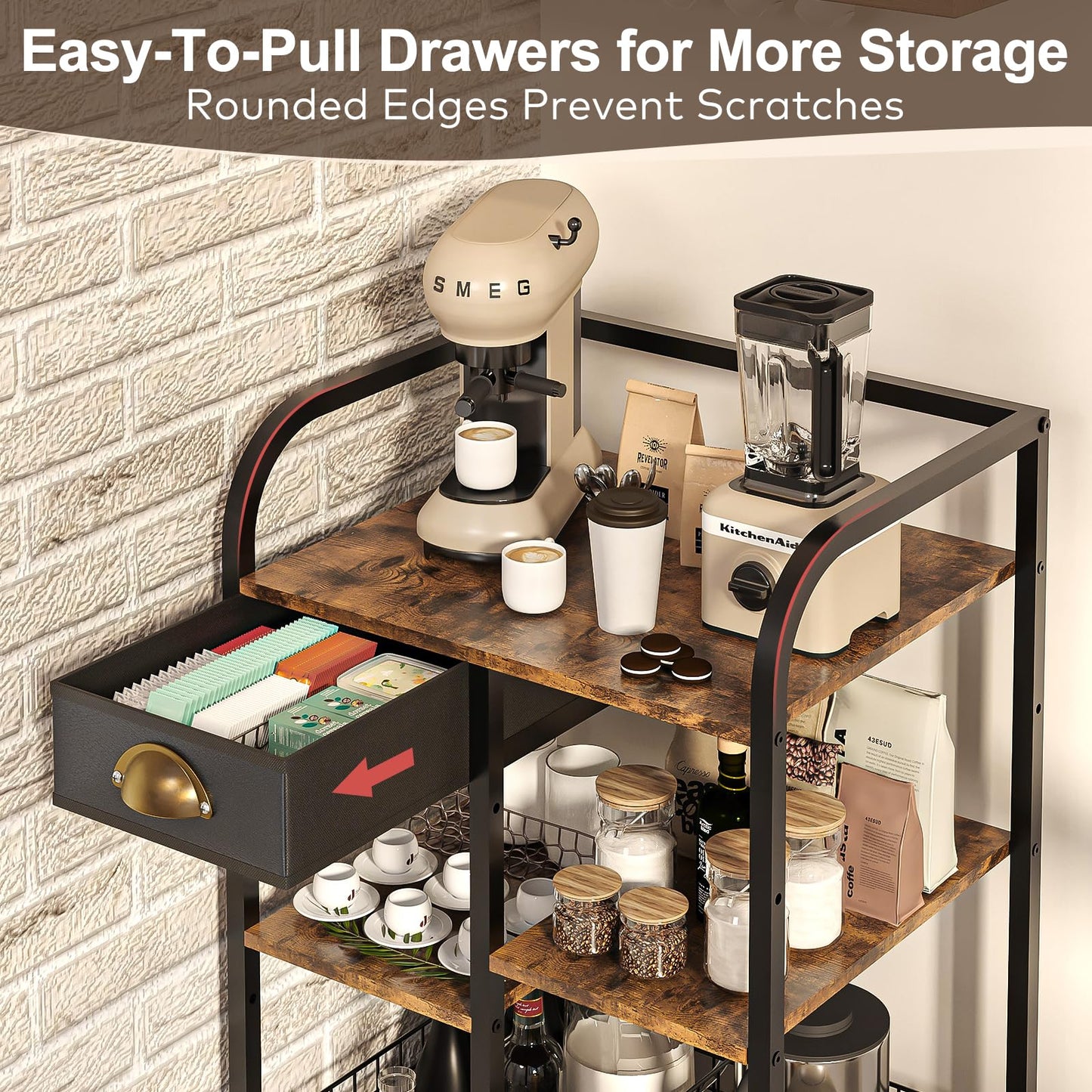 keomaisyto Coffee Cart with Storage Drawer, Coffee Bar Cabinet with Wheels, 4-Tier Adjustable Mobile Coffee Table, Rustic Wood Coffee Bar Station for Kitchen/Entrance/Living Room/Dining Room