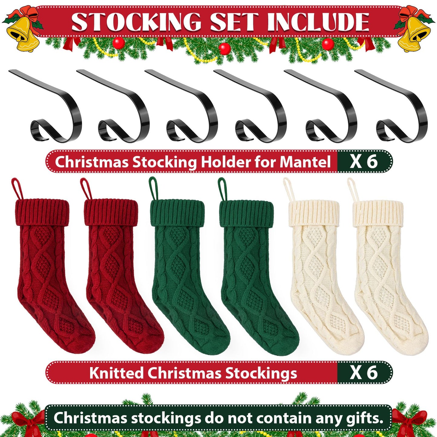 TOVERKAU 18 Inches Christmas Stockings 6 Pack, Traditional Knitted Xmas Hanging Stockings, Red, Ivory, Green, Christmas Holiday Party Decoration