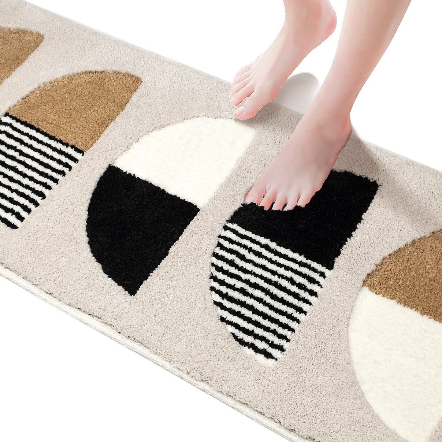 DEXDE Boho Bathroom Rugs Runner 20x47 Non Slip Machine Washable Bath Mats Half Circle Luxury Soft Absorbent Plush Microfiber Bath Rugs for Bathroom Washable Carpet for Tub and Shower, Beige