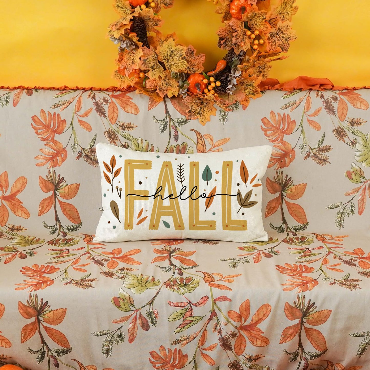 ONWAY Fall Throw Pillow Cover 12x20 Hello Fall Autumn Decorative Pillowcase for Couch Sofa Farmhouse Thanksgiving Rustic Maple Leaf Cushion Cover for Home Decor