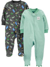 Simple Joys by Carter's Baby Boys' 2-Pack Cotton Sleep and Play, Dark Grey Dinosaur/Mint Green Stripe, 3-6 Months