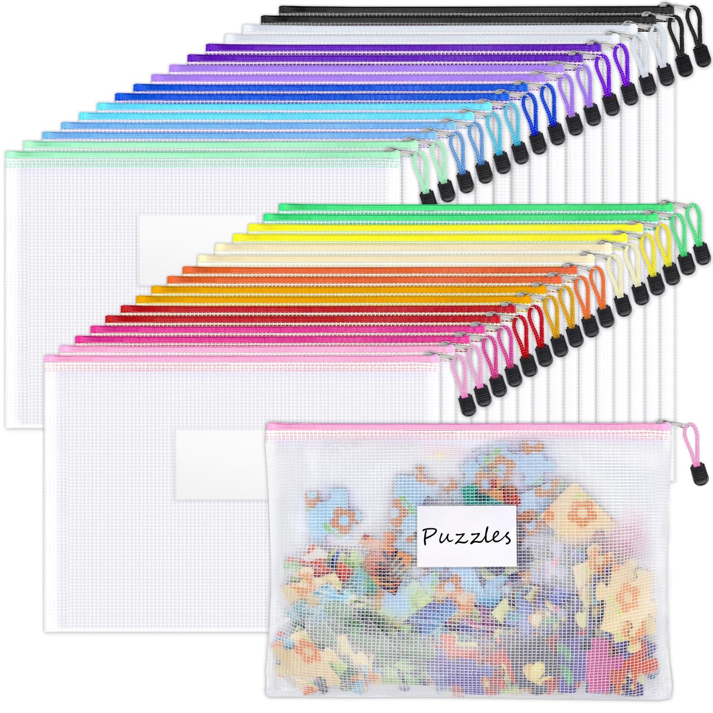 Sooez 20 Pack Mesh Zipper Pouch Bags, A4 Letter Size, Zipper Bags with Label Pocket, Waterproof Zipper Pouches for Classroom Organization, Board Game Storage, Document Bag for Office School Supplies