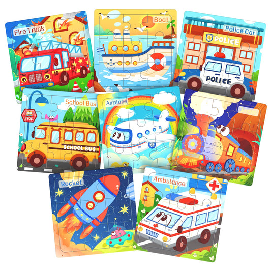 Wooden Puzzles for Toddlers, 8 Pack Vehicle Jigsaw Puzzles for Kids3-5, 9 Pieces Preschool Learning Activities, Learning & Educational Toys, Gift for Boys, Girls