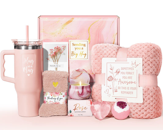 Birthday Gifts for Women Self Care Gifts Get Well Soon Gifts, Ocean Relaxing Spa Gifts Basket Care Package w/ Flannel Blanket 40 OZ Tumbler, Mothers Day Gifts for Mom Her Wife Girlfriends Sister Wife