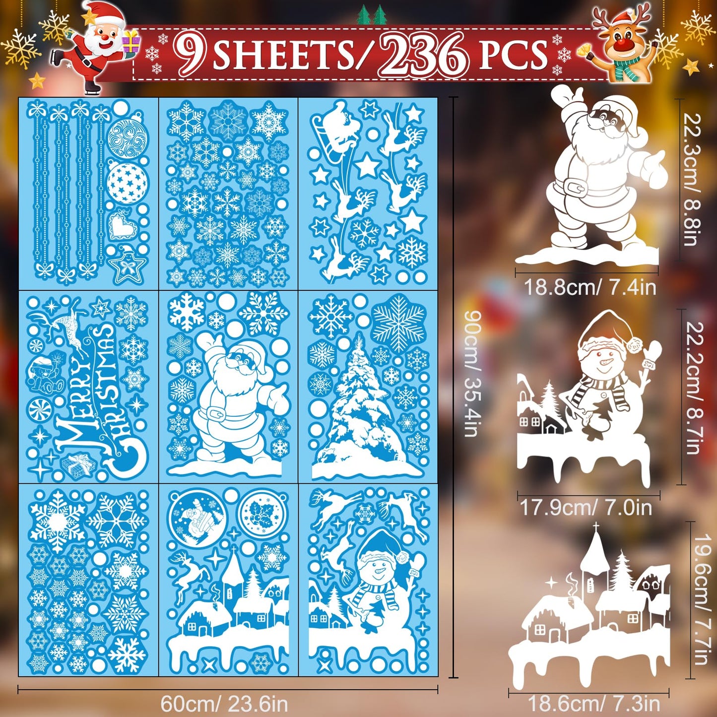 236PCS Double-Sided Snowflakes Christmas Window Stickers, Snowman Xmas Decorations Stickers for Glass Window, Reusable Christmas Decorations