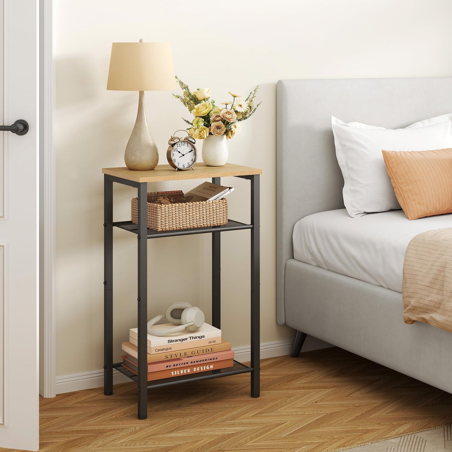 Hoctieon 2-Set 3 Tier End Table, Telephone Table Set of 2, Tall Side Table with Storage Set of 2, Small Nightstand for Small Spaces, Metal Frame, Black+Yellow Oak