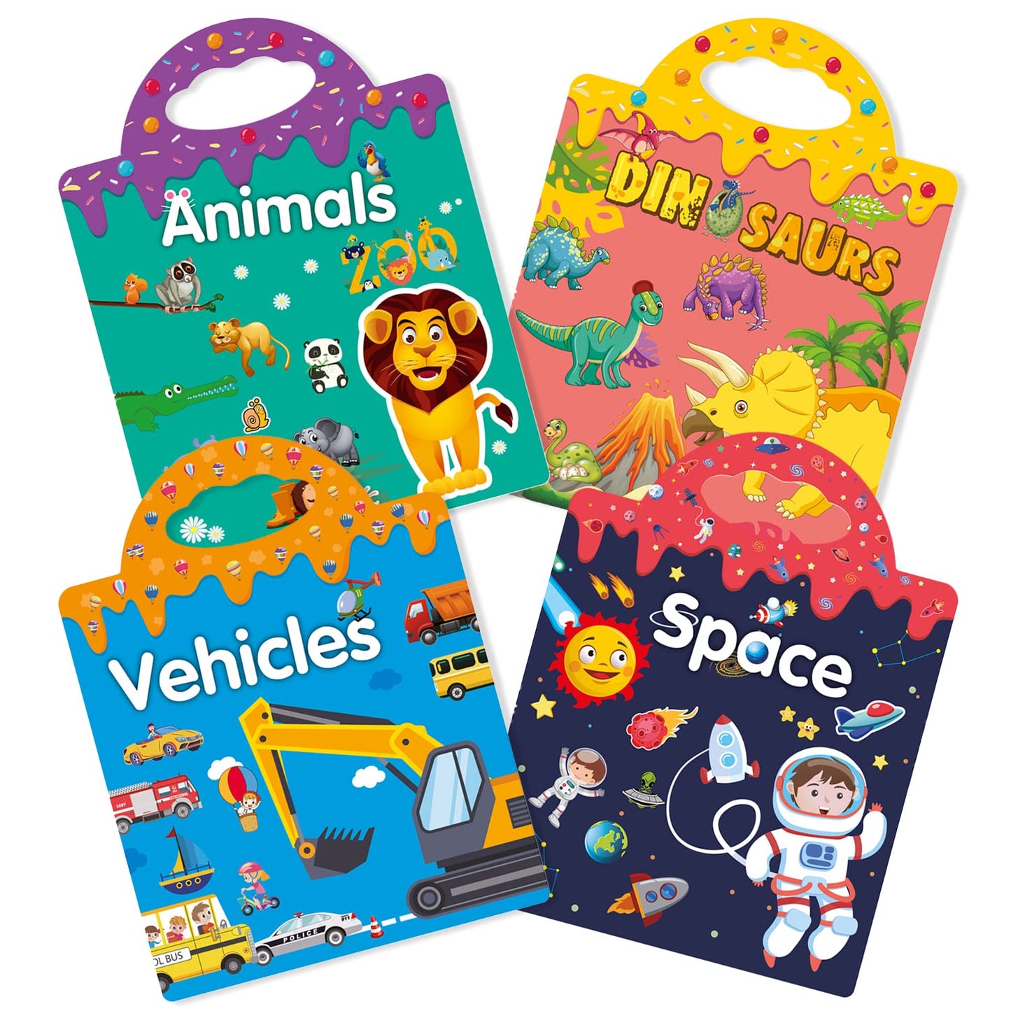 Reusable 4-Set Sticker Books for Toddlers 2-4, Toy Stickers Pad Reusable Sticker Books for Toddlers 1-3 Fashion Activity, Birthday Gift Toy for Girl Boy(Animals, Dinosaurs, Space, Vehicles)