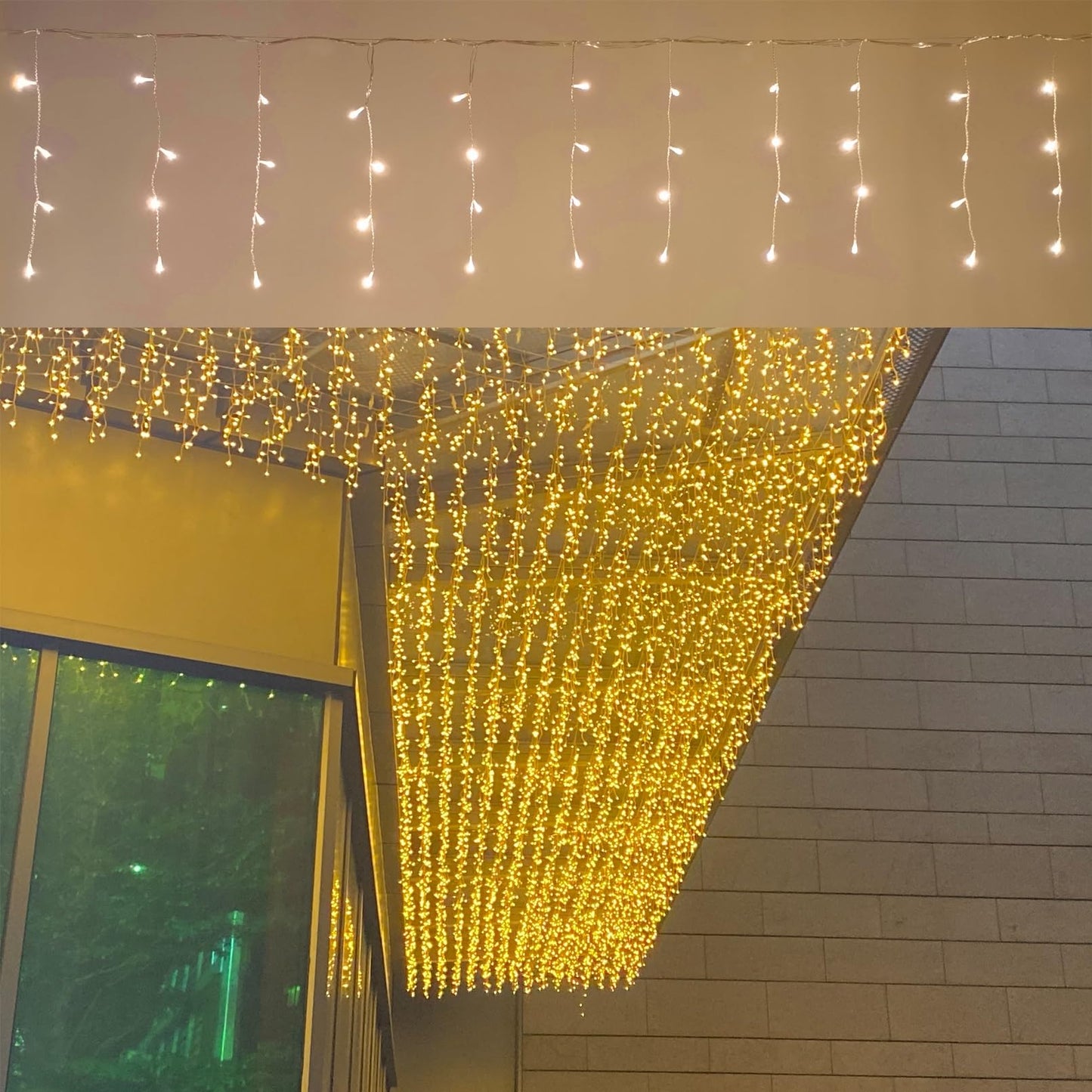 JAMISAY LED Icicle Lights, 8 Modes 16.4FT 112 LEDs Christmas Short Curtain Fairy Hanging Ceiling Extendable Lights for Wedding Balcony Doorway Outdoor Indoor Decoration Warm White, 5M04