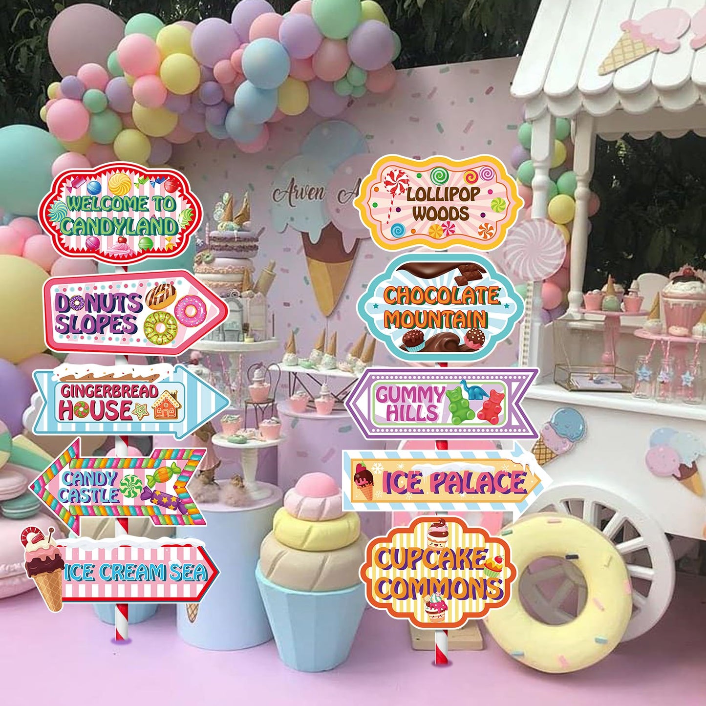 KALEFO Candyland Party Decorations Candy Land Sign Welcome Birthday Decor Directional Street Arrow Signs for Kids Sweet Theme Supplies(10 Pcs)