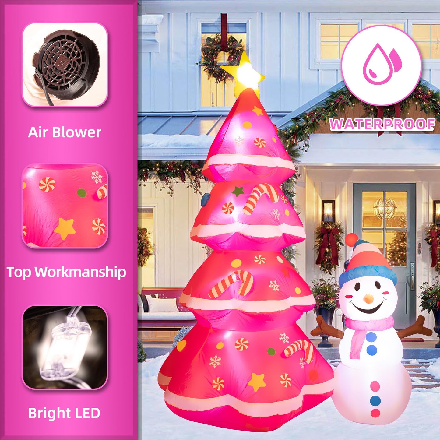 7FT Christmas Inflatables Cute Inflatable Christmas Tree with Snowman Christmas Decorations Outdoor Christmas Blow Up for Yard, Outside, Built-in LED Lights with Tether