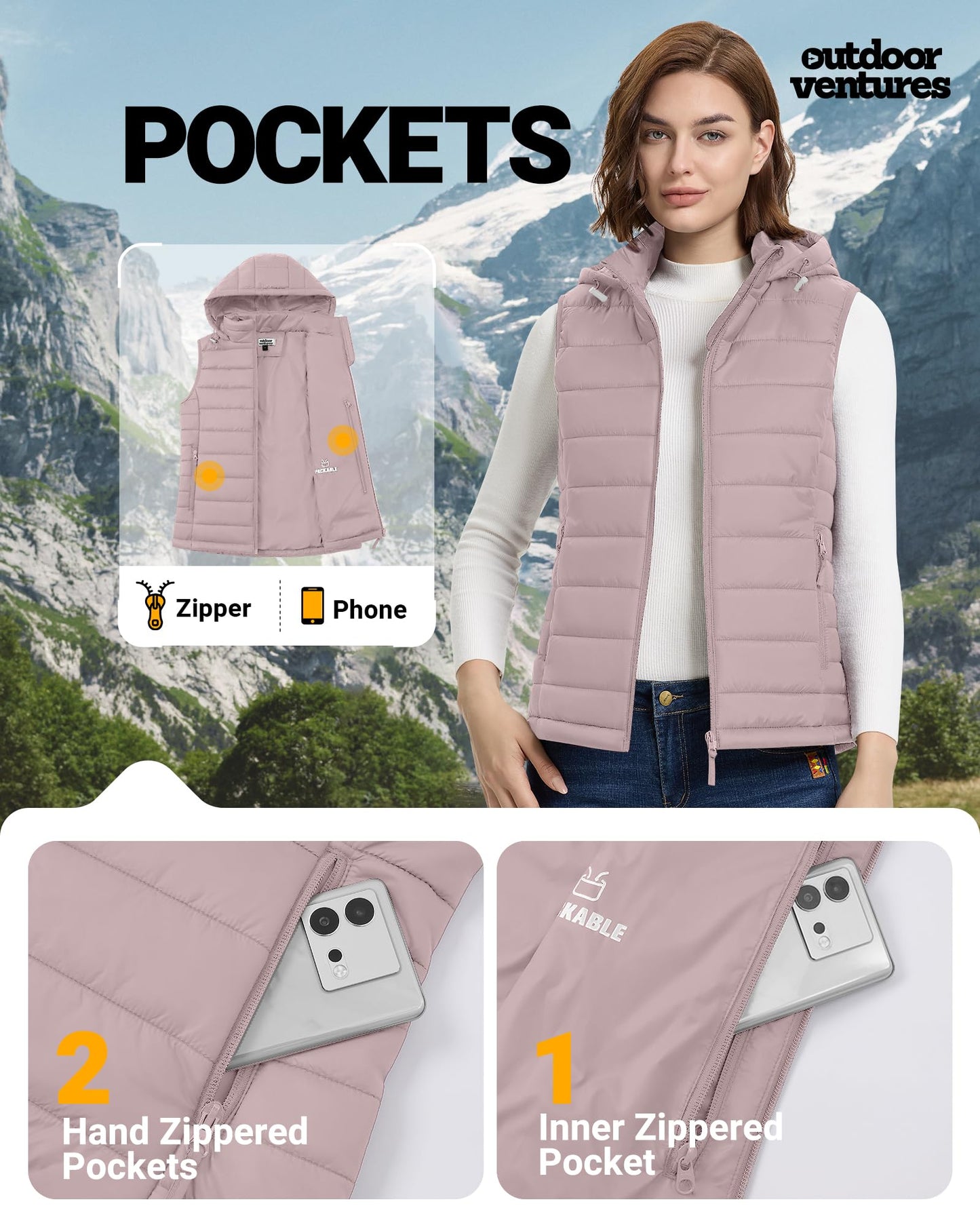 Outdoor Ventures Women's Lightweight Packable Hooded Puffer Vest Outerwear Zip Up Warm Sleeveless Winter Jacket Quilted Coat