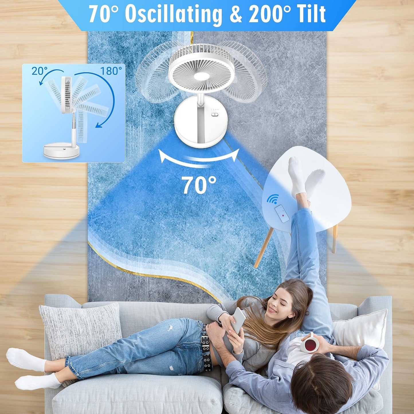 LIPETY Portable Foldable Rechargeable Oscillating Fan - 9" 7200mah Battery Operated USB C Small Fan Remote, Quiet Table Desk Fan Folding Standing Pedestal Fans for Bedroom Rome Office Camping Travel