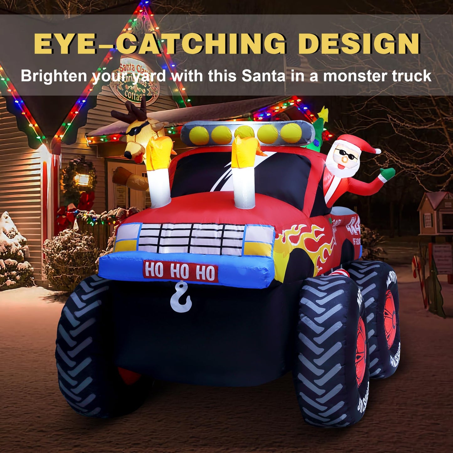 8 FT Long Santa in Monster Truck Christmas Inflatables Outdoor Decorations, Christmas Blow Up Santa Claus Yard Decorations for Garden Lawn Xmas Decor